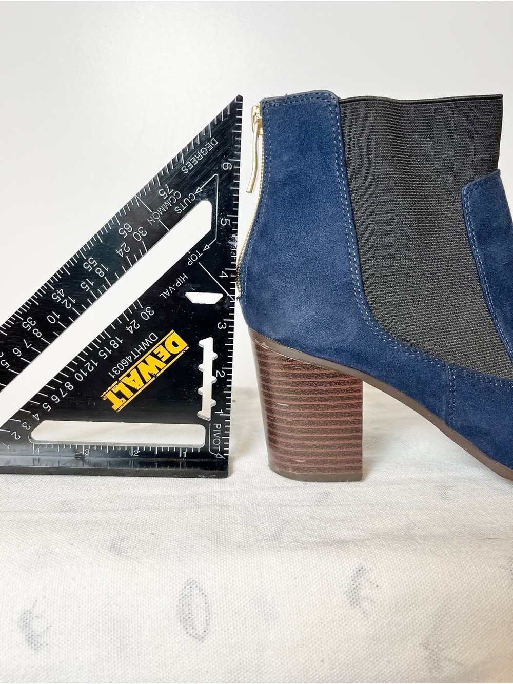 Fioni Navy Blue Faux Suede Chelsea Booties – Gold Zip Block Heel Ankle Boots 8 - Picture 12 of 12